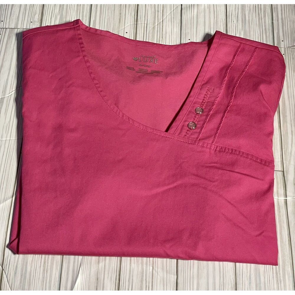 Cherokee Luxe Crossover V-neck Pin Tuck Scrub Shirt Fusia Rose Size Medium